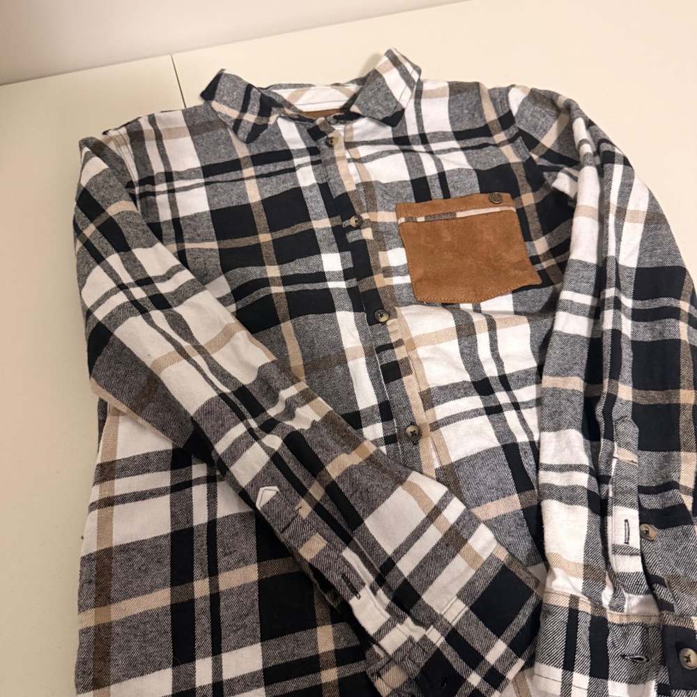 Marleylilly Plaid Button Down Shirt Women Medium Black White Tan Suede Pocket